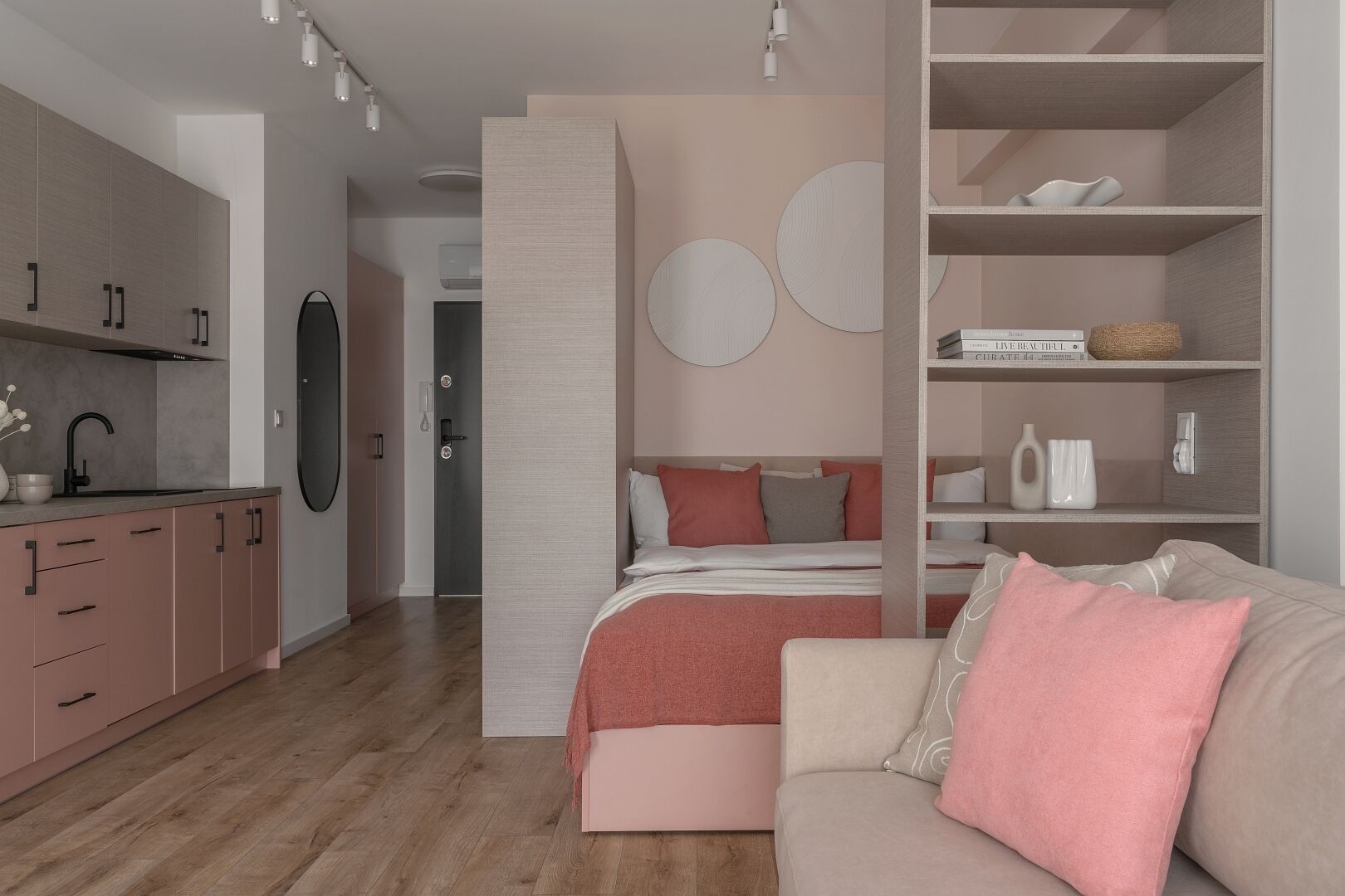 A modern bedroom with a bed, bedside tables, and a built-in wardrobe.