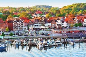 Un puerto deportivo con barcos amarrados, rodeado de edificios de estilo europeo tradicional con techos rojos y fachadas blancas.