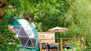 A geodesic dome structure with a wooden deck and outdoor seating area. - Wonderful  villa for 4 people with WIFI and pets allowed (Crowborough)