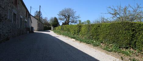 A gravel road leading to a stone building with a hedge on one side.