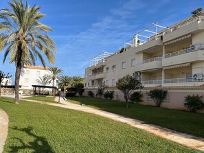 A multi-story building with balconies, a well-maintained lawn, and a palm tree.