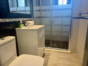 Une salle de bain comprenant des toilettes, un lavabo et un espace douche.