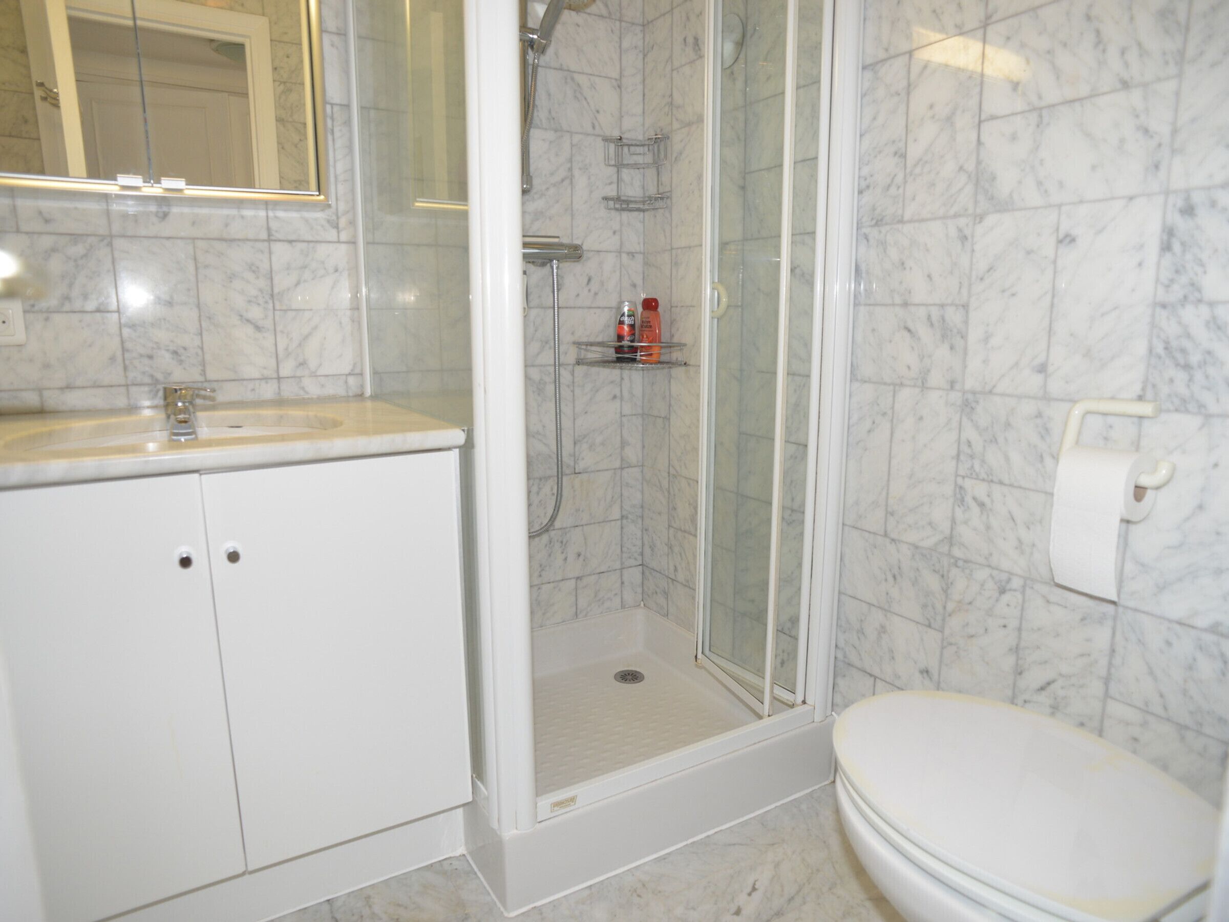 Een badkamer met douche, toilet, wastafel en spiegel.