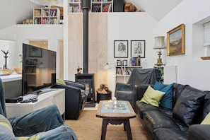 A living room with a fireplace, bookshelves, a television, and a sofa. - Modern house with outdoor spa and sauna (Faxe Ladeplads)