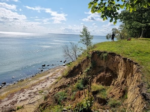 A coastal landscape with a cliff, vegetation, and a person standing on the edge.