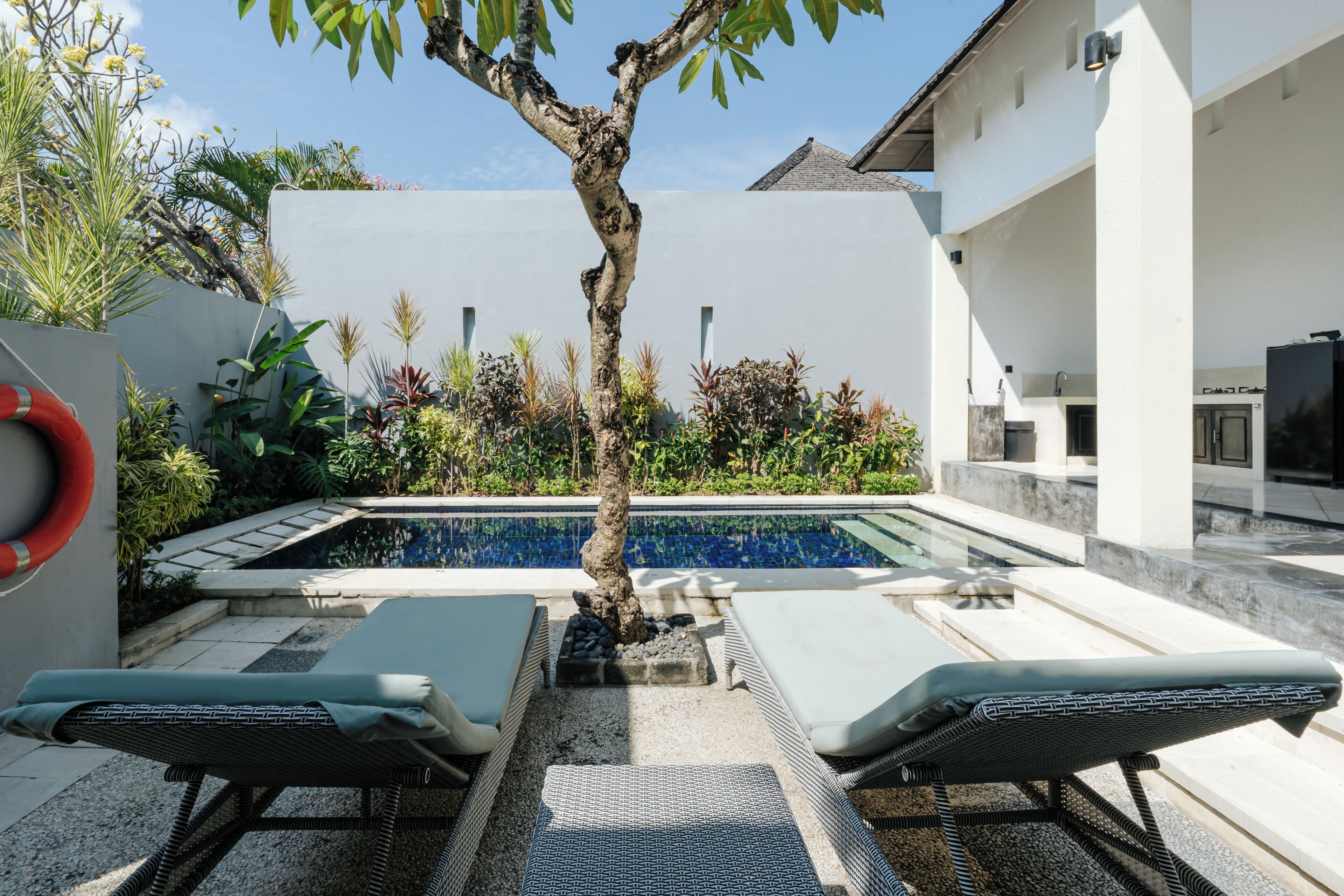 A poolside area with lounge chairs, a tree, and a lifebuoy.