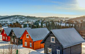 Une rangée de maisons aux toits inclinés, probablement situées dans une zone rurale ou montagneuse.