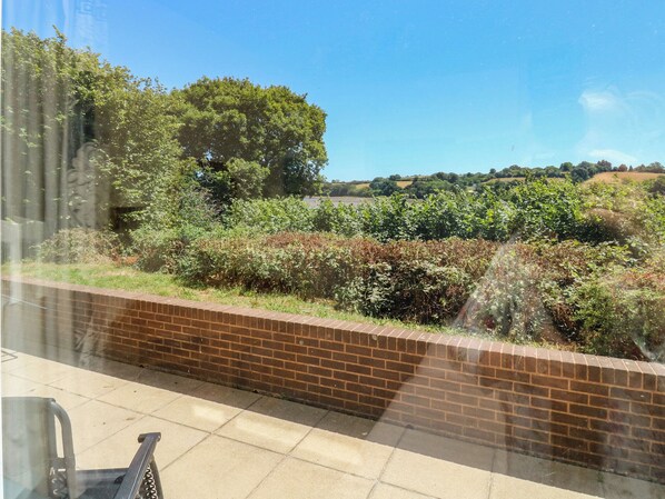 A view from a window with a brick wall and a metal railing. - Avocet (Newton Abbot)