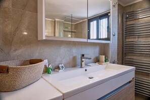 Shower, hair dryer, towels