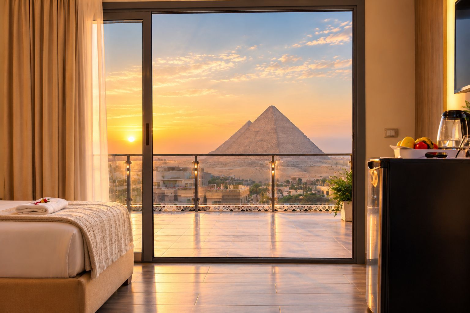 A hotel room with a bed, a balcony, and a view of a pyramid.