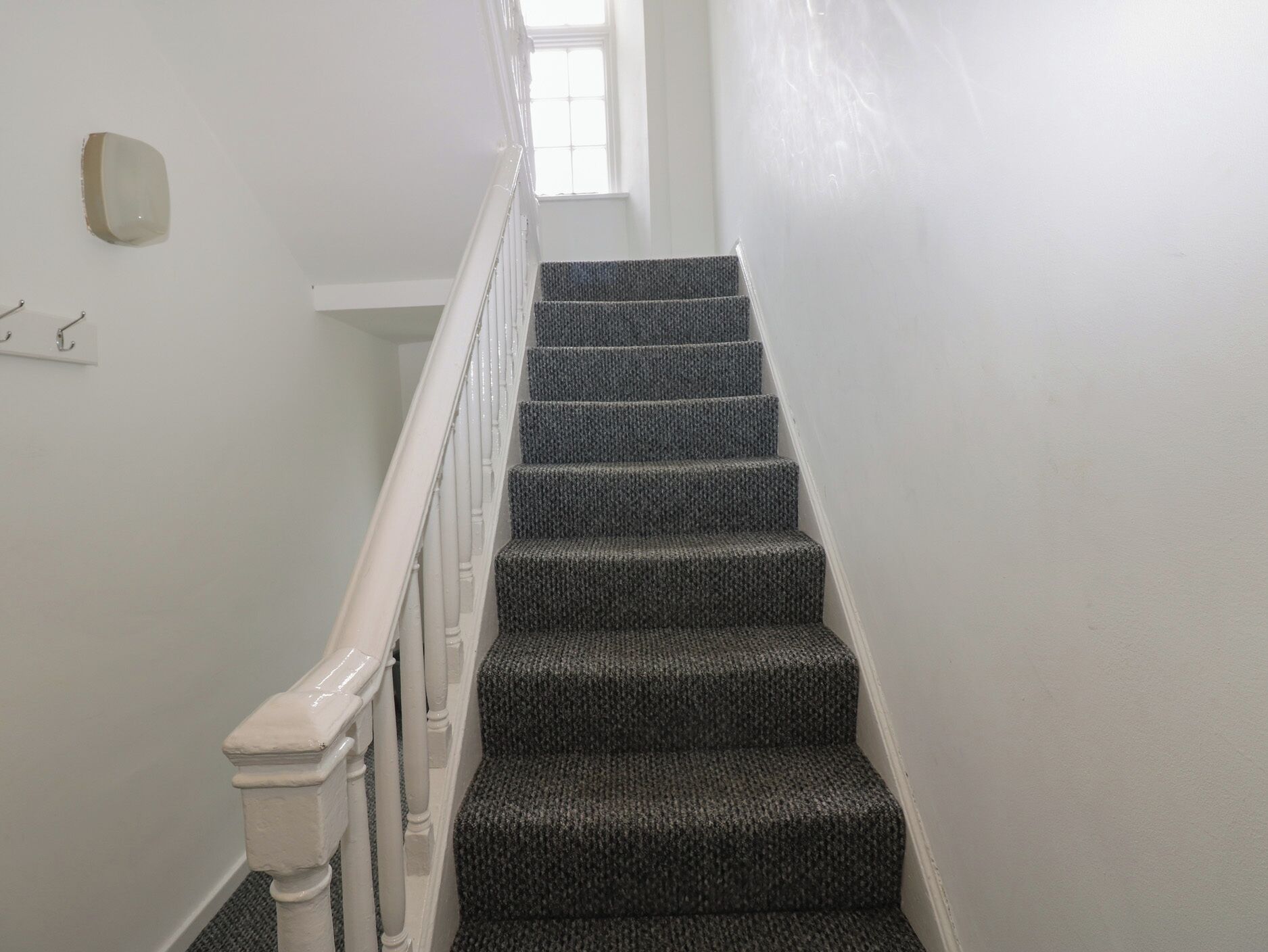 Una escalera con barandilla blanca y peldaños alfombrados.