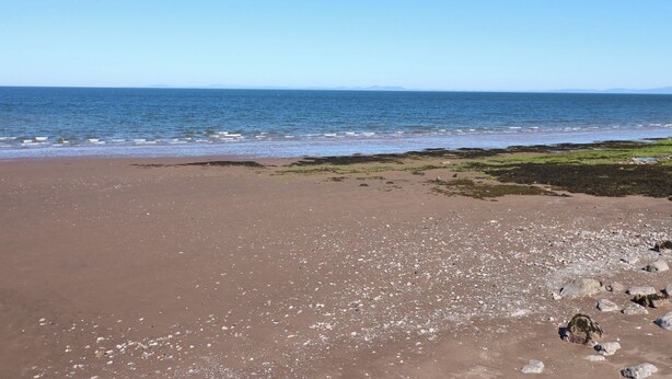 Una playa con cielo despejado y mar tranquilo.