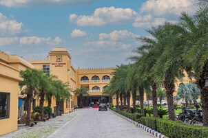 Entrada de hotel con camino de entrada pavimentado, palmeras y cielo despejado.