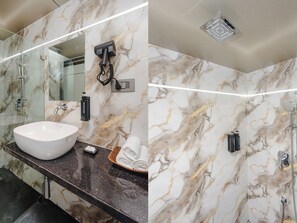 Shower, free toiletries, hair dryer, slippers