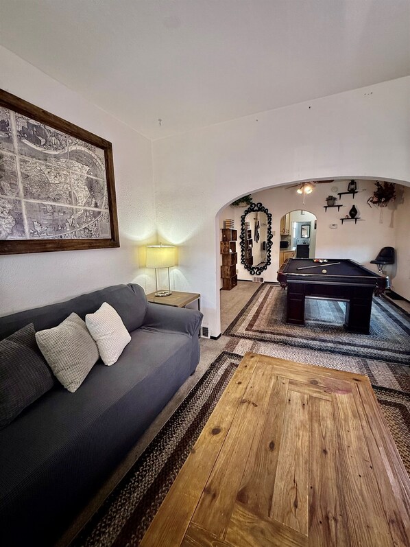 Smart TV, fireplace, books