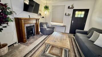 Smart TV, chimenea y libros