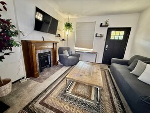 Smart TV, fireplace, books