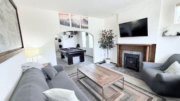 Smart TV, fireplace, books