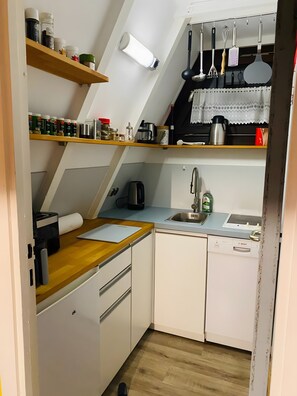 Fridge, stovetop, dishwasher, electric kettle