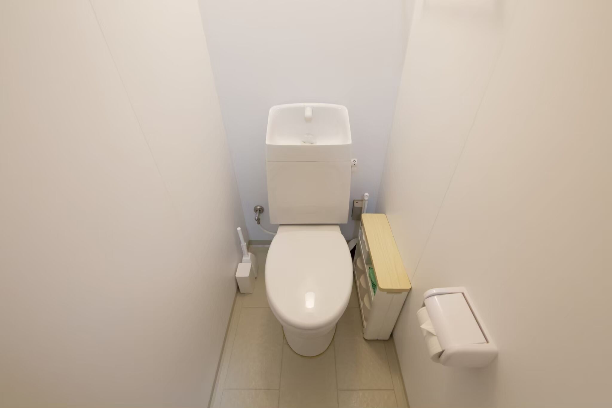 A small, clean bathroom with a white toilet, a toilet brush, and a paper towel dispenser.