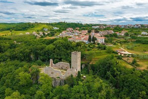 A historic town with a prominent castle ruin surrounded by lush greenery and residential buildings. - Villa Kim Momjan With Pool and Spa (Buje)