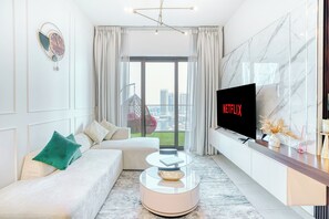 Luxury Apartment | Living room - PVH - Exquisite 1BR - Binghatti Canal (Dubai)