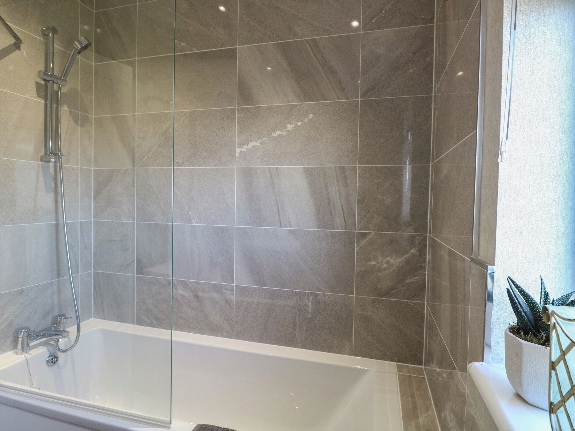 A modern bathroom with a glass-enclosed shower, a white bathtub, and a potted plant on the windowsill.