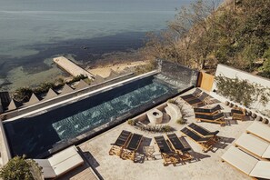 Outdoor pool, pool umbrellas, pool loungers