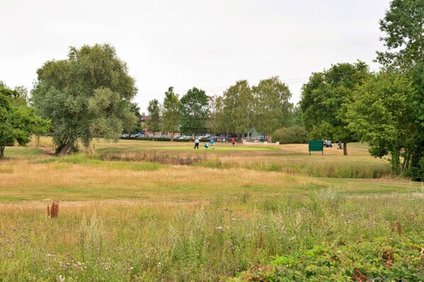 Un campo cubierto de césped con árboles y algunas personas a lo lejos.