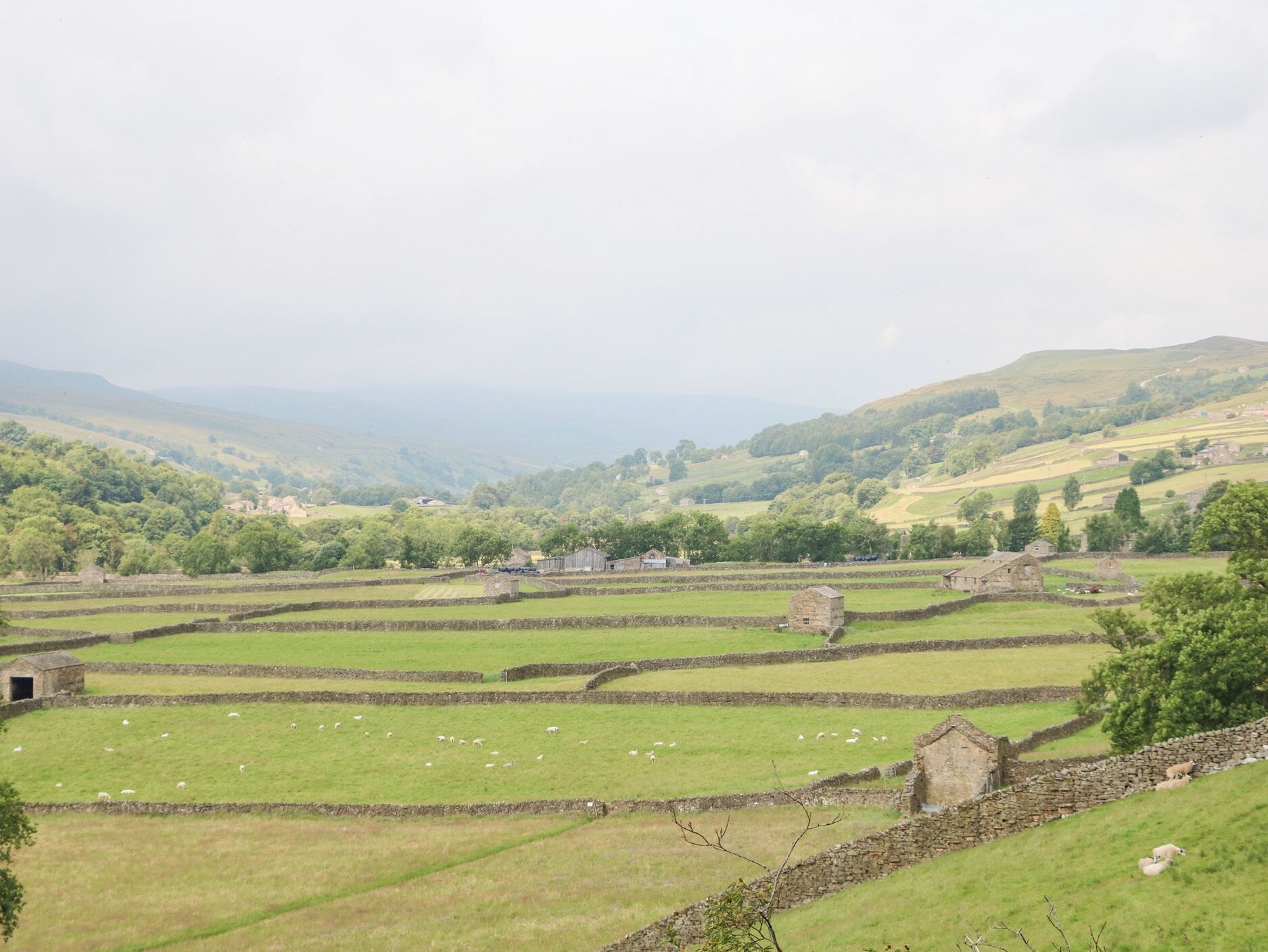A rural landscape with stone walls and scattered buildings, likely a historic site or farmstead.