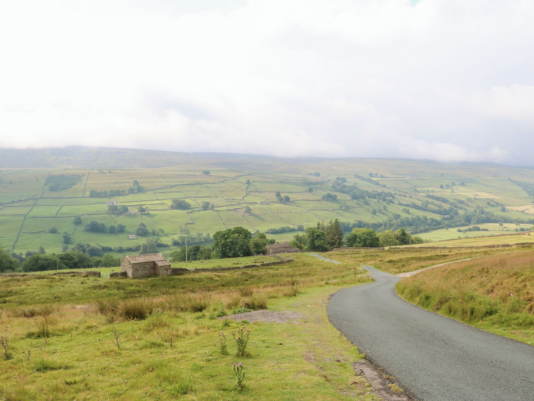 A rural landscape with a winding road, stone walls, and fields.