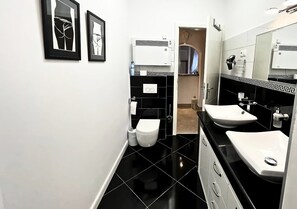 Hair dryer, towels, soap, shampoo