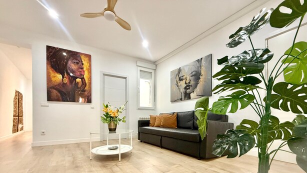 Un salon moderne avec un canapé, des œuvres d’art, un ventilateur de plafond et une plante en pot.