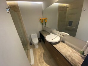 Sèche-cheveux, serviettes fournies, savon, papier toilette