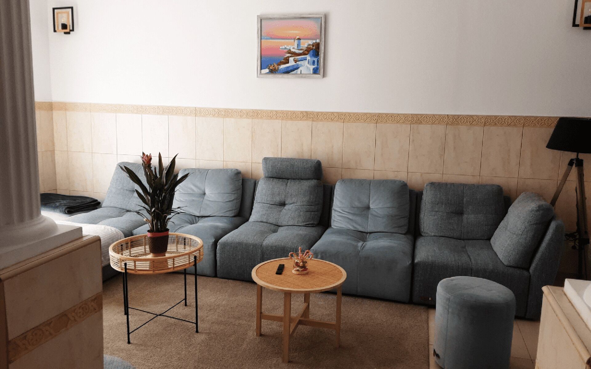 A living room with a grey sofa, a round wooden table, and a potted plant.
