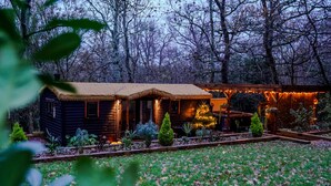 A rustic cabin with a thatched roof, surrounded by a garden with various plants and a small Christmas tree.