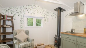 A cozy room with a green armchair, a wooden bookshelf, a window with a view, a kitchen area with a stove, and a green cabinet.