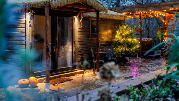 A rustic cabin with a thatched roof, a small porch, and a Christmas tree adorned with lights.