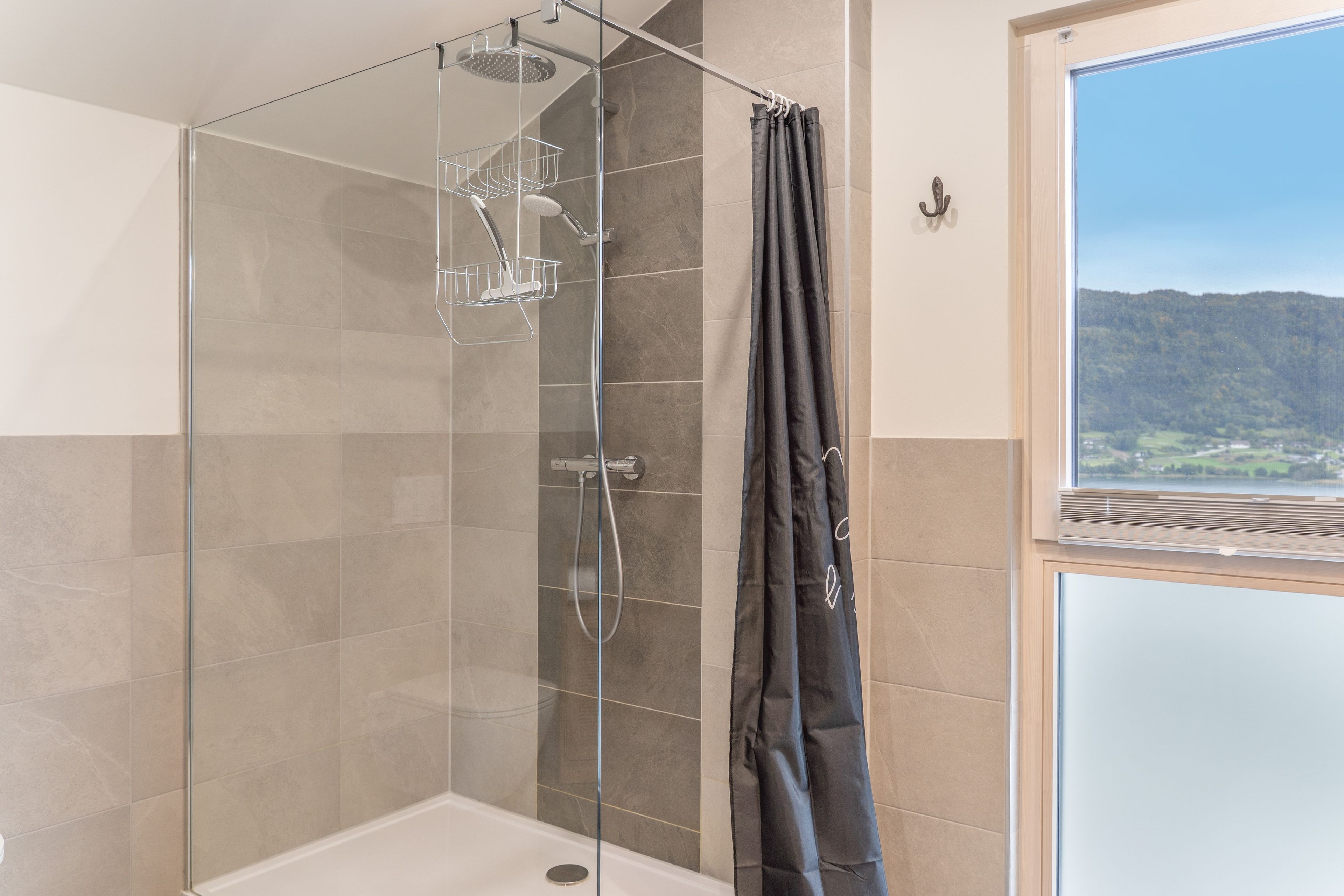 Eine gläserne Dusche mit Duschkopf, Handbrause und einer Glastrennwand für Duschutensilien.