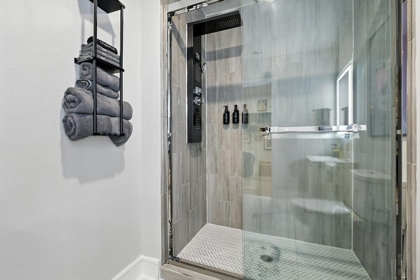 Douche, séchoir à cheveux, serviettes fournies, shampooing