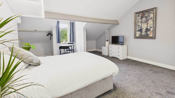Un dormitorio con cama, escritorio, televisor y un cuadro en la pared.