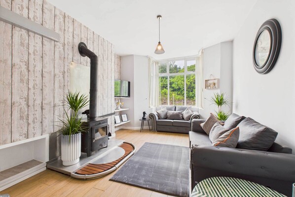 Televisio, takka, työhuone