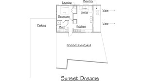 A floor plan of a property named 'Sunset Dreams' with labeled rooms including a bedroom, bathroom, kitchen, living area, and a covered balcony. - Sunset Dream - 1BR Hillside Retreat – A/C & Ocean Views, Newly Updated. (St John)