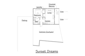 Plano de planta de una propiedad llamada 'Sunset Dreams', con habitaciones identificadas: dormitorio, baño, cocina, sala de estar y un balcón cubierto.
