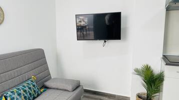 Ein modernes Wohnzimmer mit einem grauen Sofa, einem flachbildfernseher an der Wand und einem Blumentopf.