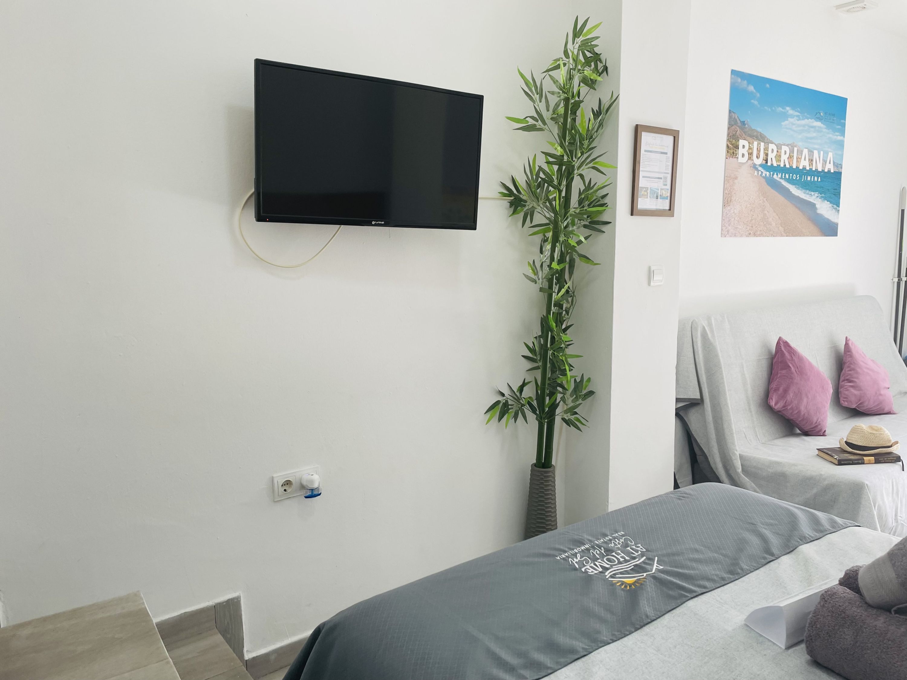 Un dormitorio moderno con una televisión de pantalla plana montada en la pared, una planta en maceta, un cartel de una playa y una cama con una colcha gris y dos almohadas.