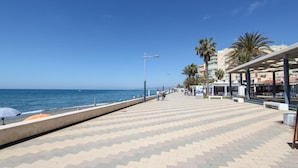 A seaside promenade with a tiled walkway, palm trees, and a view of the sea.