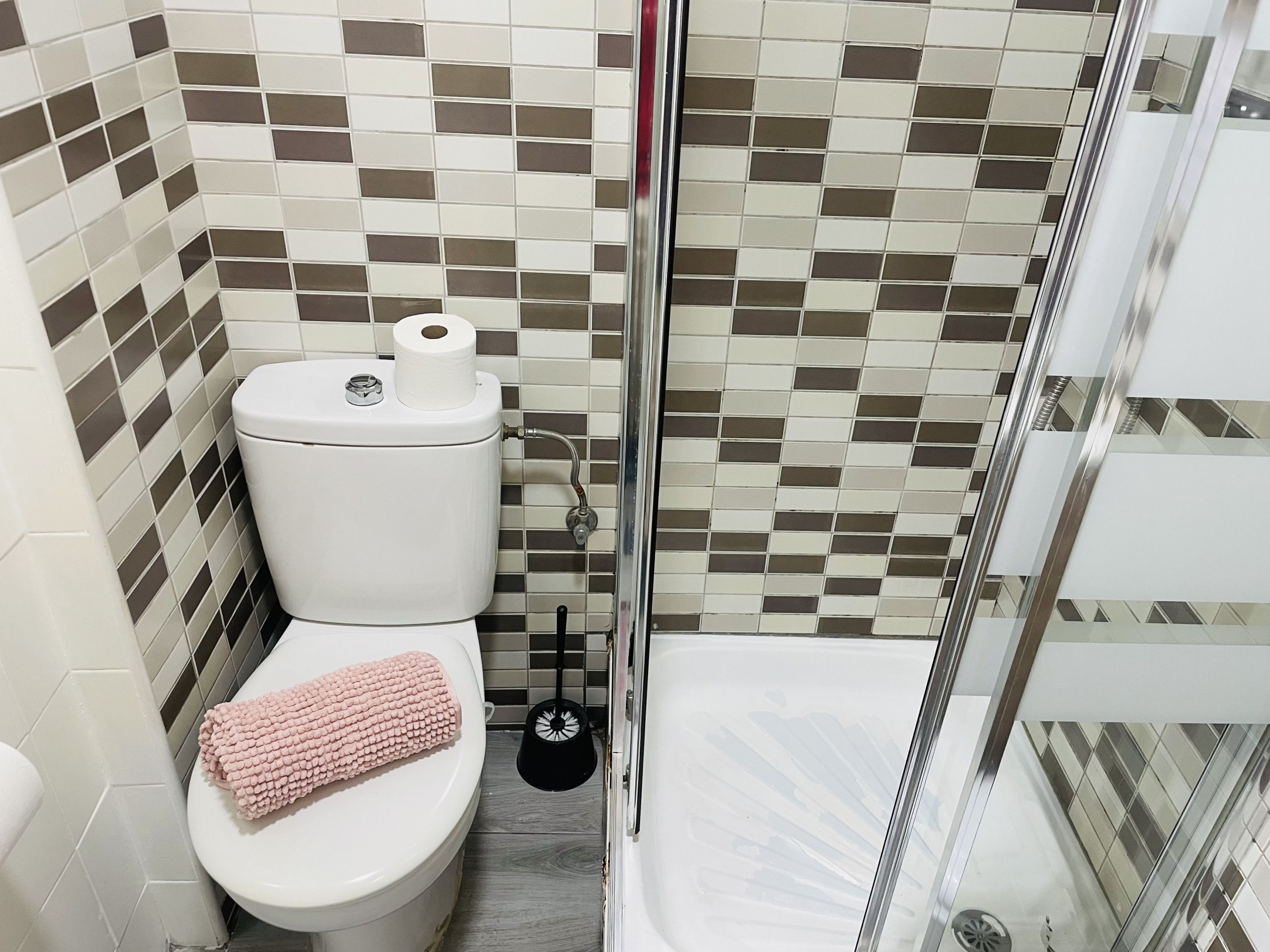 Un bagno con il WC, una doccia e un rivestimento in piastrelle.