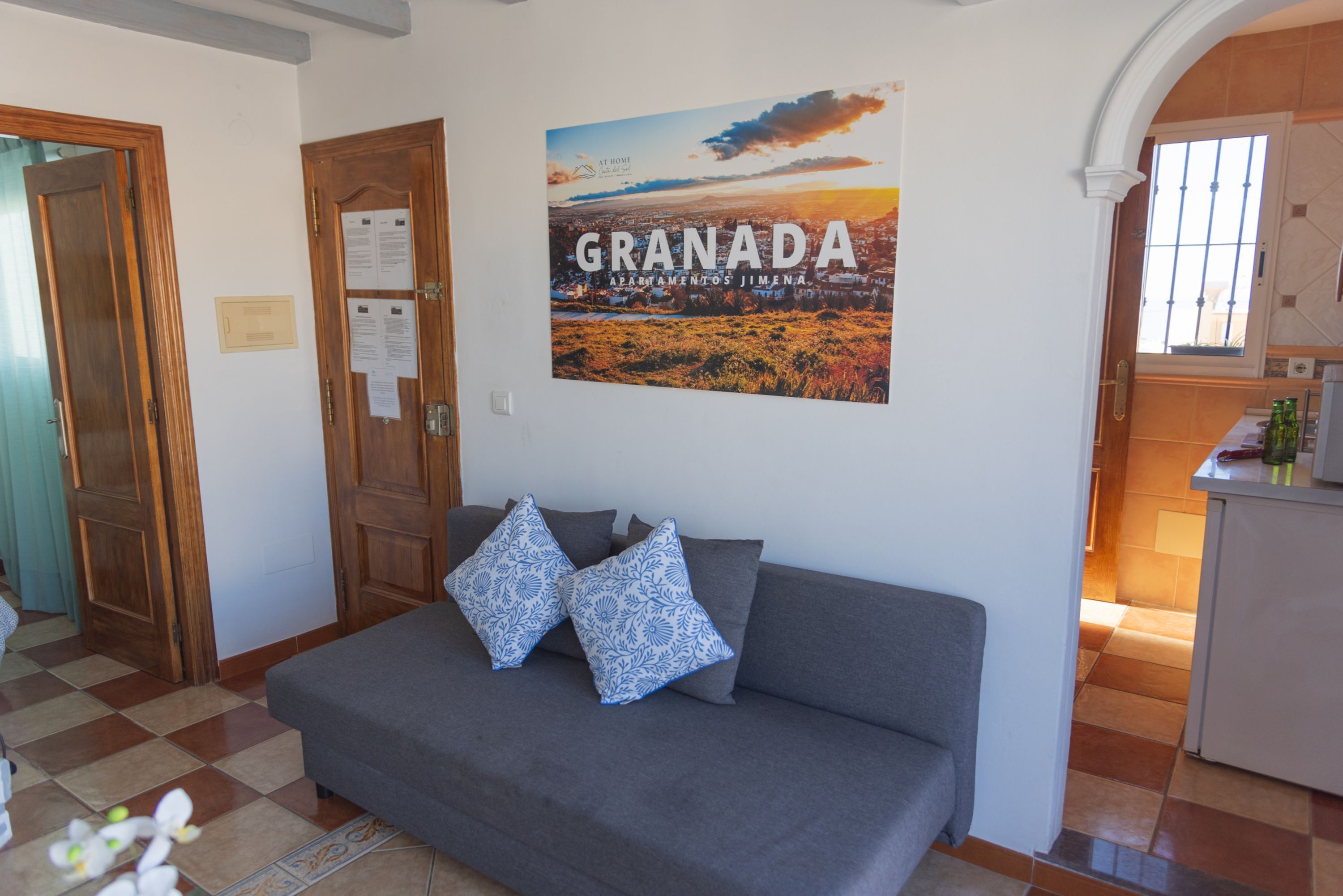 A room with a grey sofa, two patterned pillows, a poster of Granada, and a wooden door.