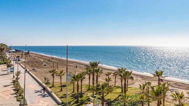 A beach with a paved walkway, palm trees, and the ocean. - Apartamento Faro Torrox by At Home Costa del Sol (Torrox)